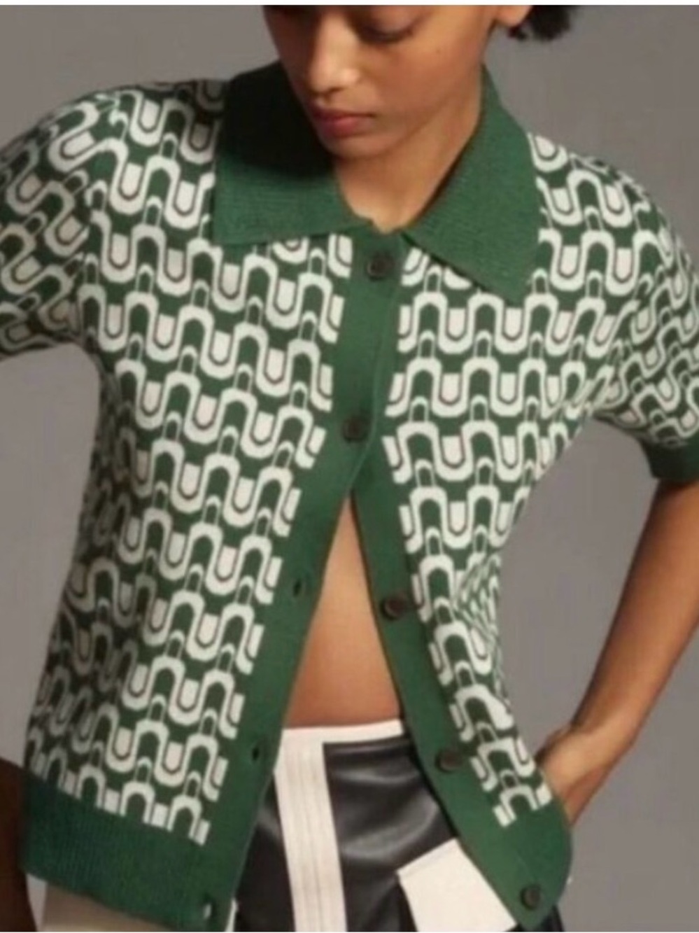 Maeve Green Geometric Short-Sleeve Knit Cardigan Sweater